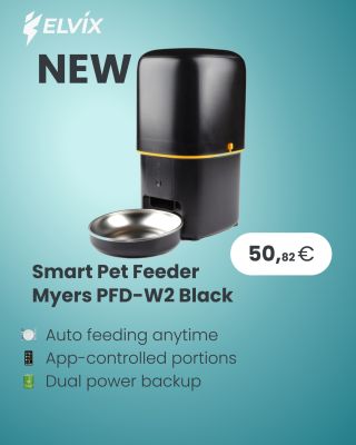 Modern design meets smart feeding: The Myers PFD‑W2 handles up to 4 L of dry food, connects effortlessly via Wi‑Fi or...